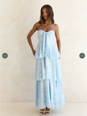 Fortunate One Strapless Light Blue Tiered Maxi Dress